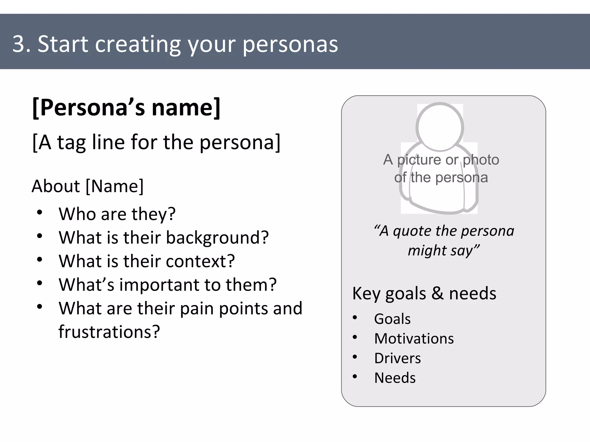 3. Start creating your personas [Persona’s name] [A tag line for the persona] About [Name] Who are they? What is their background? What is their context? What’s important to them? What are their pain points and frustrations? Key goals & needs Goals Motivations Drivers Needs A picture or photo of the persona “ A quote the persona might say” 