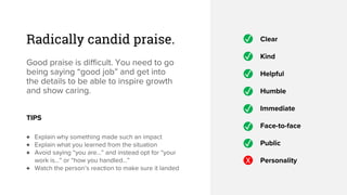 Radically candid praise.
Good praise is difficult. You need to go
being saying “good job” and get into
the details to be able to inspire growth
and show caring.
TIPS
♦ Explain why something made such an impact
♦ Explain what you learned from the situation
♦ Avoid saying “you are…” and instead opt for “your
work is…” or “how you handled…”
♦ Watch the person’s reaction to make sure it landed
✓ Clear
Kind
Helpful
Humble
Immediate
Face-to-face
Public
Personality
✓
✓
✓
✓
✓
X
✓
 