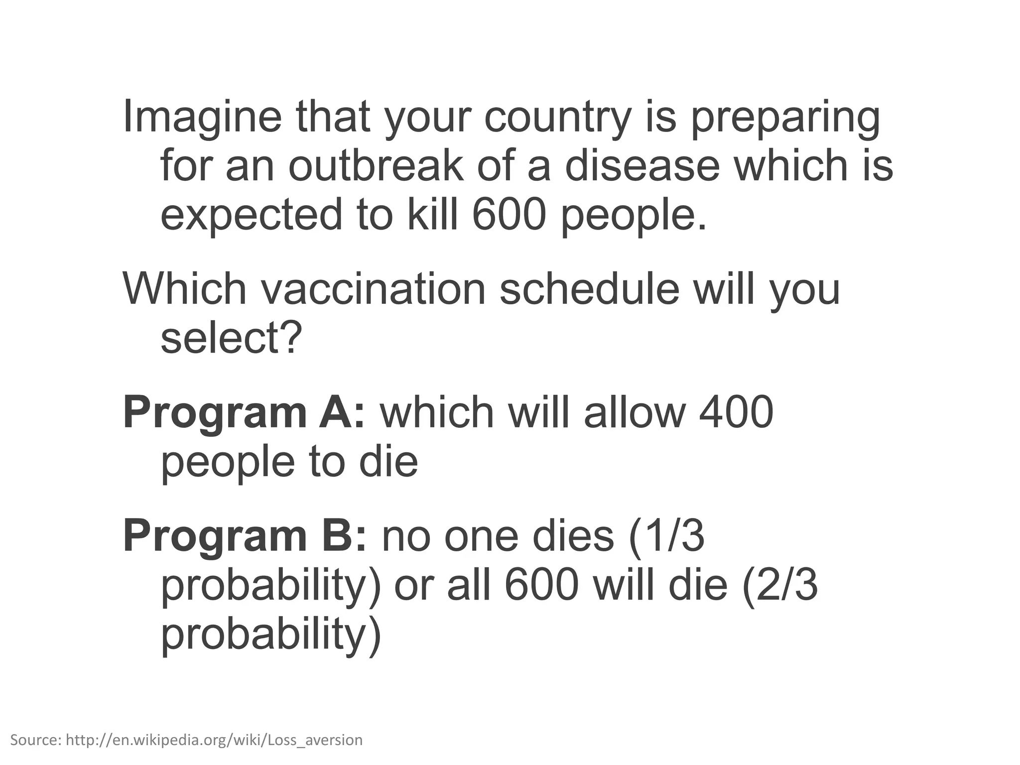 Imagine that your country is preparing
                 for an outbreak of a disease which is
                 expected to kill 600 people.
               Which vaccination schedule will you
                select?
               Program A: which will allow 400
                people to die
               Program B: no one dies (1/3
                probability) or all 600 will die (2/3
                probability)

Source: http://en.wikipedia.org/wiki/Loss_aversion
 