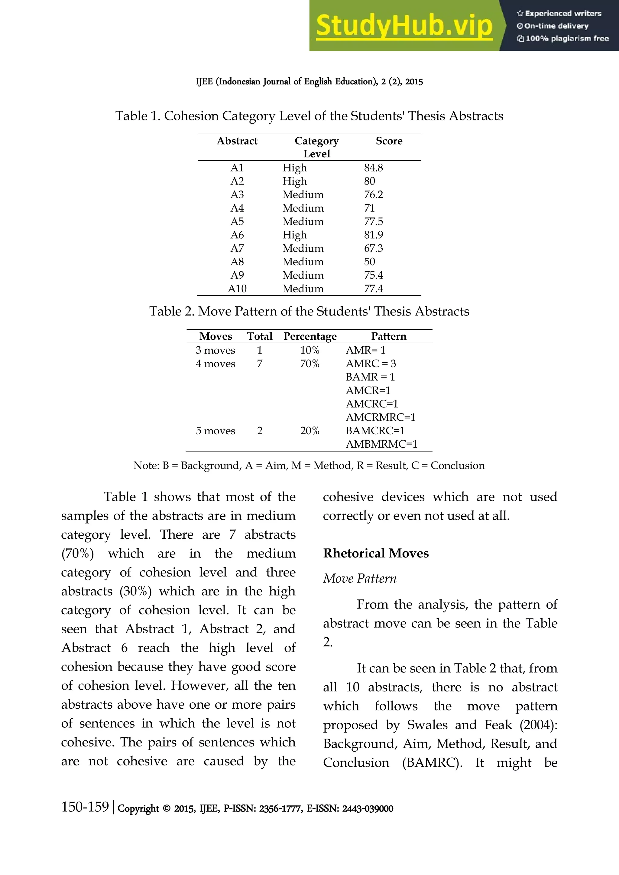 An Investigation Of Cohesion And Rhetorical Moves In Thesis Abstracts | PDF