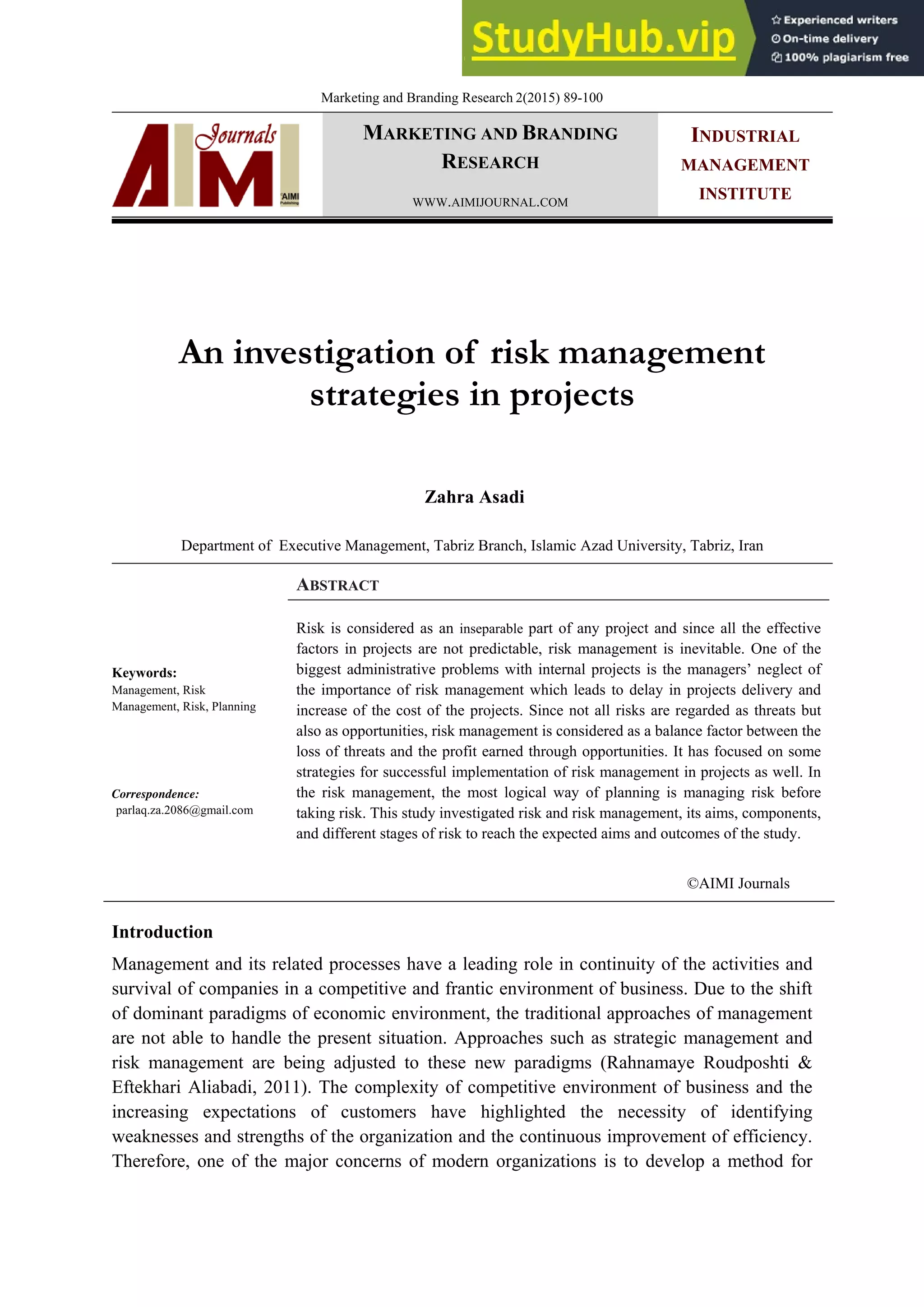An Investigation Of Risk Management Strategies In Projects | PDF