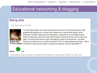 BALL Introduction  |  Learner   |  Teacher  |  Researcher  |  Crystal BALL Educational networking & blogging 