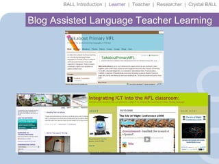 BALL Introduction  |  Learner   |  Teacher  |  Researcher  |  Crystal BALL Blog Assisted Language Teacher Learning 