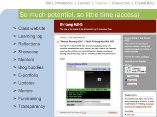 BALL Introduction  |  Learner  |  Teacher   |  Researcher  |  Crystal BALL So much potential, so little time (access) Class website Learning log Reflections Showcase Mentors Blog buddies E-portfolio Updates Memos Fundraising Transparency 