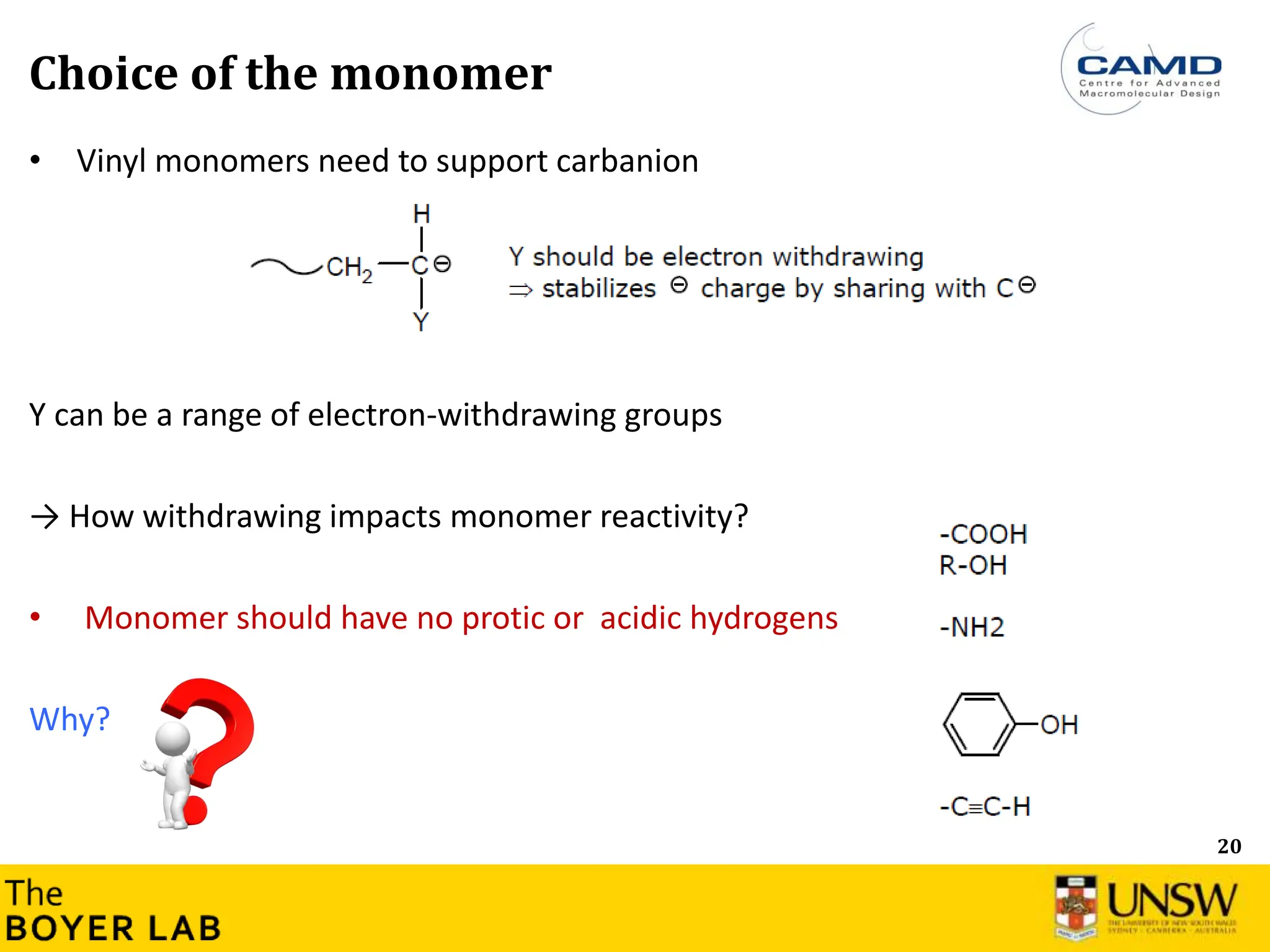 20
Choice of the monomer
• Vinyl monomers need to support carbanion
Y can be a range of electron-withdrawing groups
→ How withdrawing impacts monomer reactivity?
• Monomer should have no protic or acidic hydrogens
Why?
 