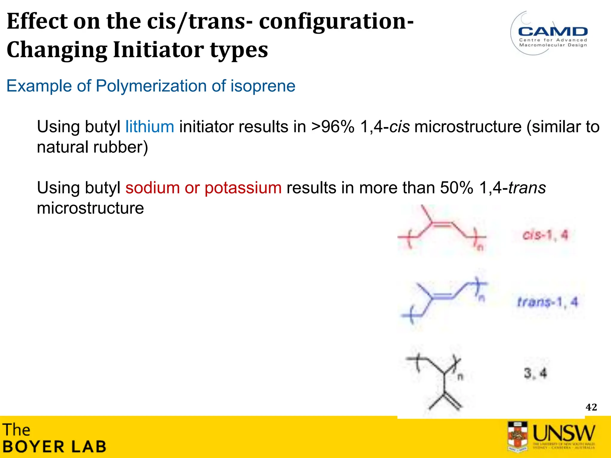 42
Effect on the cis/trans- configuration-
Changing Initiator types
Example of Polymerization of isoprene
Using butyl lithium initiator results in >96% 1,4-cis microstructure (similar to
natural rubber)
Using butyl sodium or potassium results in more than 50% 1,4-trans
microstructure
 