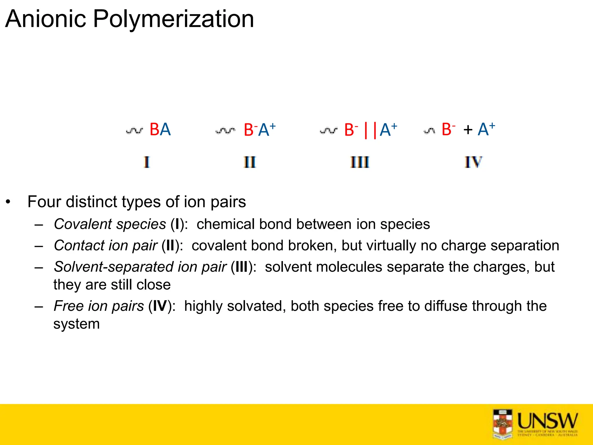 Anionic Polymerization
• Four distinct types of ion pairs
– Covalent species (I): chemical bond between ion species
– Contact ion pair (II): covalent bond broken, but virtually no charge separation
– Solvent-separated ion pair (III): solvent molecules separate the charges, but
they are still close
– Free ion pairs (IV): highly solvated, both species free to diffuse through the
system
B-A+ B- ||A+ B- + A+
BA
 