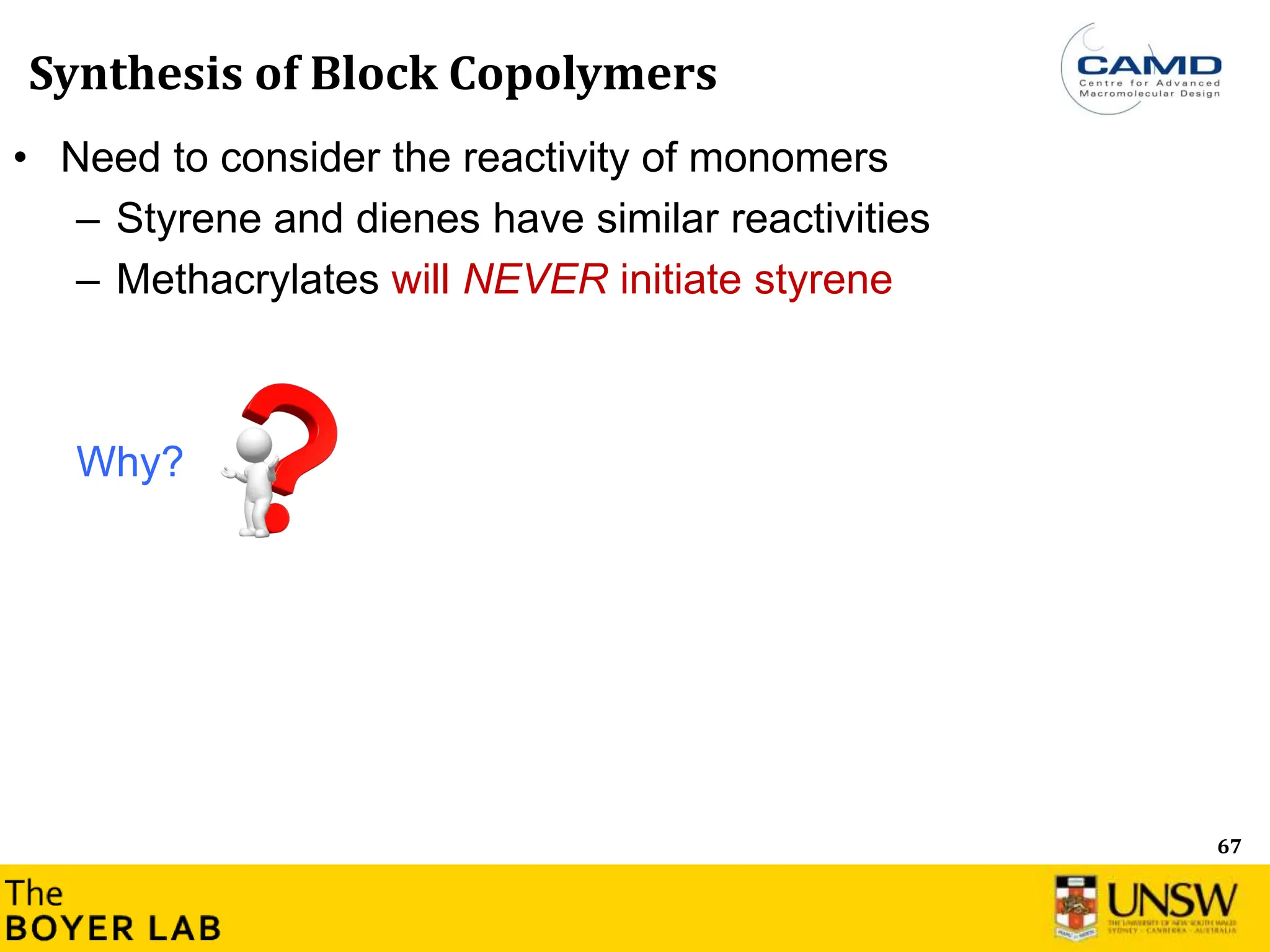 67
Synthesis of Block Copolymers
• Need to consider the reactivity of monomers
– Styrene and dienes have similar reactivities
– Methacrylates will NEVER initiate styrene
Why?
 