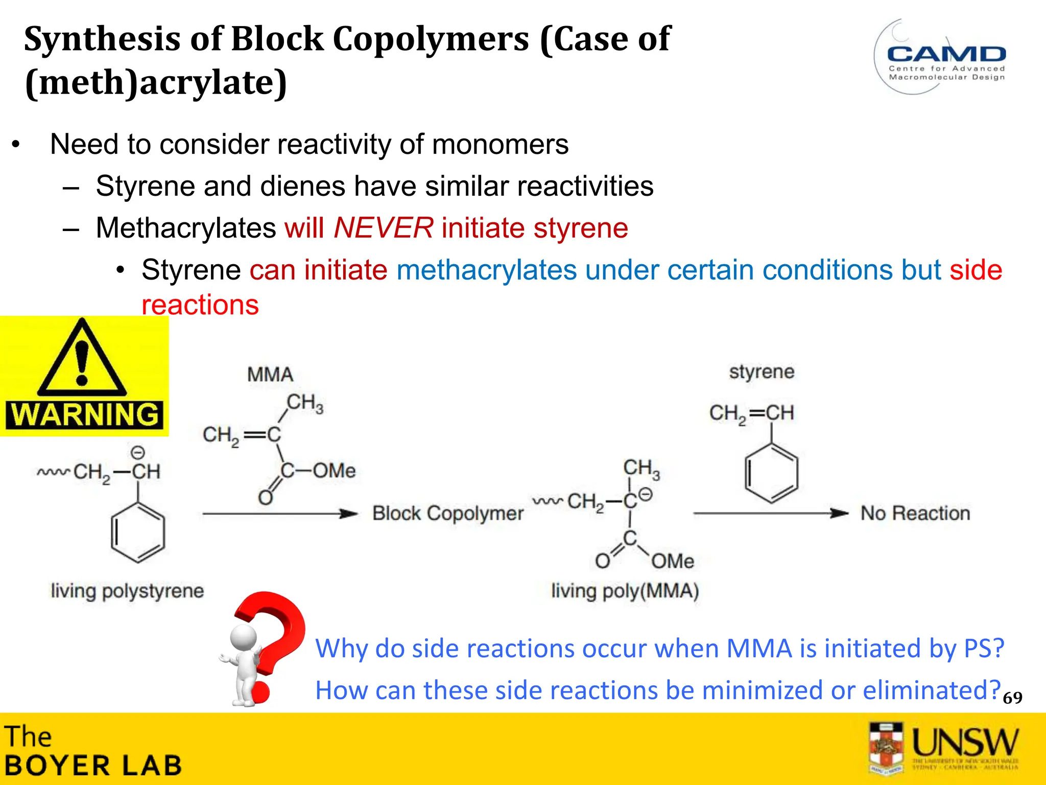 69
Synthesis of Block Copolymers (Case of
(meth)acrylate)
• Need to consider reactivity of monomers
– Styrene and dienes have similar reactivities
– Methacrylates will NEVER initiate styrene
• Styrene can initiate methacrylates under certain conditions but side
reactions
Why do side reactions occur when MMA is initiated by PS?
How can these side reactions be minimized or eliminated?
 