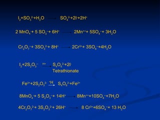 I2+SO32-+H2O           SO42-+2I-+2H+


2 MnO4-+ 5 SO3--+ 6H+         2Mn+++ 5SO4--+ 3H2O


 Cr2O7--+ 3SO32-+ 8H+        2Cr3++ 3SO4--+4H2O


 I2+2S2O3--   H+
                   S4O62-+2I-
                   Tetrathionate

   Fe3++2S2O32- H
                +
                     S4O62-+Fe2+

 8MnO4-+ 5 S2O3--+ 14H+         8Mn+++10SO4--+7H2O

 4Cr2O72-+ 3S2O32-+ 26H+           8 Cr3++6SO4--+ 13 H2O
 
