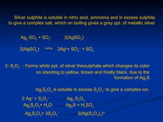 Silver sulphite is soluble in nitric acid, ammonia and in excess sulphite
 to give a complex salt, which on boiling gives a grey ppt. of metallic silver


        Ag2 SO3 + SO3--          2(AgSO3)-

       2(AgSO3)-    boiling
                              2Ago+ SO4-- + SO2


3- S2O3-- : Forms white ppt. of silver thiosulphate which changes its color
                on standing to yellow, brown and finally black, due to the
                                                         formation of Ag2S.

               Ag2S2O3 is soluble in excess S2O3-- to give a complex ion.

        2 Ag+ + S2O3--           Ag2 S2O3
        Ag2S2O3+ H2O             Ag2S + H2SO4
          Ag2S2O3+ 3S2O3--             2(Ag(S2O3)2)3-
 