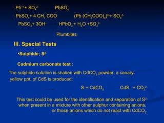 Pb+++ SO42-         PbSO4
   PbSO4+ 4 CH3 COO-            (Pb (CH3COO)4)2-+ SO42-
    PbSO4+ 3OH-         HPbO2-+ H2O +SO42-

                       Plumbites

  III. Special Tests
    •Sulphide; S2-

    Cadmium carbonate test :
The sulphide solution is shaken with CdCO3 powder, a canary
yellow ppt. of CdS is produced.
                                    S--+ CdCO3          CdS + CO32-

   This test could be used for the identification and separation of S2-
    when present in a mixture with other sulphur containing anions,
                     or those anions which do not react with CdCO3.
 