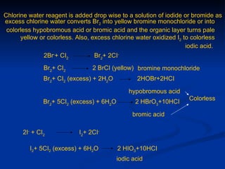 Chlorine water reagent is added drop wise to a solution of iodide or bromide as
excess chlorine water converts Br2 into yellow bromine monochloride or into
 colorless hypobromous acid or bromic acid and the organic layer turns pale
      yellow or colorless. Also, excess chlorine water oxidized I2 to colorless
                                                                    iodic acid.
              2Br-+ CI2         Br2+ 2CI-
              Br2+ CI2          2 BrCI (yellow) bromine monochloride
              Br2+ CI2 (excess) + 2H2O           2HOBr+2HCI

                                              hypobromous acid
                                                                   Colorless
              Br2+ 5CI2 (excess) + 6H2O          2 HBrO3+10HCI

                                                bromic acid

      2I- + CI2            I2+ 2CI-

         I2+ 5CI2 (excess) + 6H2O         2 HIO3+10HCI
                                          iodic acid
 