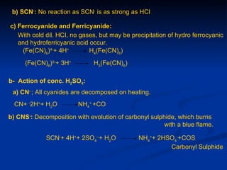 b) SCN-: No reaction as SCN- is as strong as HCl

c) Ferrocyanide and Ferricyanide:
   With cold dil. HCI, no gases, but may be precipitation of hydro ferrocyanic
   and hydroferricyanic acid occur.
    (Fe(CN)6)4-+ 4H+         H4(Fe(CN)6)
     (Fe(CN)6)3-+ 3H+         H3(Fe(CN)6)

b- Action of conc. H2SO4:
 a) CN- ; All cyanides are decomposed on heating.
  CN+ -2H++ H2O         NH4+ +CO

b) CNS-: Decomposition with evolution of carbonyl sulphide, which burns
                                                       with a blue flame.

             SCN-+ 4H++ 2SO4--+ H2O           NH4++ 2HSO4-+COS
                                                       Carbonyl Sulphide
 