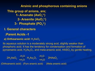 Arsinic and phosphorous containing anions
     This group of anions, are;
           1- Arsenate (AsO43-)
            2- Arsenite (AsO33-)
          3- Phosphate (PO43-)
   I. General characters
   :Parent Acids -1
  a) Orthoarsenic acid: H3AsO4
 Its aqueous solution is a moderately strong acid, slightly weaker than
 phosphoric acid. It has the tendency for condensation and formation of
 pyroarsenic acid, H4As2O7, and meta-arsenic acid, HASO3 by gentle heating.

                 -H2O              -H2O
     2H3AsO4            H4As2O7            2HAsO3
                +H2O               +H2O
(Orthoarsenic acid) (Pyro arsenic acid)   (Meta arsenic acid)
 