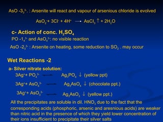 AsO -333-. : Arsenite will react and vapour of arsenious chloride is evolved

              AsO2-+ 3CI- + 4H+       AsCI3 ↑ + 2H2O

 c- Action of conc. H2SO4
 PO -143- and AsO43-: no visible reaction
AsO -233- : Arsenite on heating, some reduction to SO2 . may occur


Wet Reactions -2
a- Silver nitrate solution:
    3Ag++ PO43-            Ag3PO4 ↓ (yellow ppt)
   3Ag++ AsO43-             Ag3AsO4 ↓ (chocolate ppt.)
    3Ag++ AsO33-           Ag3AsO3 ↓ (yellow ppt.)
 All the precipitates are soluble in dil. HNO3 due to the fact that the
 corresponding acids (phosphoric, arsenic and aresnious acids) are weaker
 than nitric acid in the presence of which they yield lower concentration of
 their ions insufficient to precipitate their silver salts
 