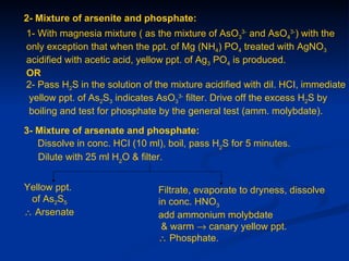 2- Mixture of arsenite and phosphate:
1- With magnesia mixture ( as the mixture of AsO33- and AsO43-) with the
only exception that when the ppt. of Mg (NH4) PO4 treated with AgNO3
acidified with acetic acid, yellow ppt. of Ag3 PO4 is produced.
OR
2- Pass H2S in the solution of the mixture acidified with dil. HCI, immediate
yellow ppt. of As2S3 indicates AsO33- filter. Drive off the excess H2S by
boiling and test for phosphate by the general test (amm. molybdate).

3- Mixture of arsenate and phosphate:
   Dissolve in conc. HCI (10 ml), boil, pass H2S for 5 minutes.
   Dilute with 25 ml H2O & filter.


Yellow ppt.                    Filtrate, evaporate to dryness, dissolve
 of As2S5                      in conc. HNO3
∴ Arsenate                     add ammonium molybdate
                                & warm → canary yellow ppt.
                               ∴ Phosphate.
 
