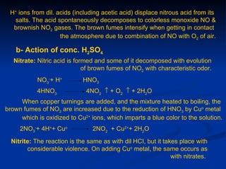 H+ ions from dil. acids (including acetic acid) displace nitrous acid from its
  salts. The acid spontaneously decomposes to colorless monoxide NO &
  brownish NO2 gases. The brown fumes intensify when getting in contact
                    the atmosphere due to combination of NO with O2 of air.

   b- Action of conc. H2SO4
   Nitrate: Nitric acid is formed and some of it decomposed with evolution
                              of brown fumes of NO2 with characteristic odor.
            NO3-+ H+         HNO3
           4HNO3              4NO2 ↑ + O2 ↑ + 2H2O
     When copper turnings are added, and the mixture heated to boiling, the
brown fumes of NO2 are increased due to the reduction of HNO3 by Cuo metal
     which is oxidized to Cu2+ ions, which imparts a blue color to the solution.
     2NO3-+ 4H++ Cuo             2NO2 + Cu2++ 2H2O

  Nitrite: The reaction is the same as with dil HCI, but it takes place with
        considerable violence. On adding Cuo metal, the same occurs as
                                                               with nitrates.
 