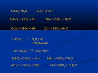 I2
+SO3
2-
+H2
O SO4
2-
+2I-
+2H+
2 MnO4
-
+ 5 SO3
--
+ 6H+
2Mn++
+ 5SO4
--
+ 3H2
O
Cr2
O7
--
+ 3SO3
2-
+ 8H+
2Cr3+
+ 3SO4
--
+4H2
O
I2
+2S2
O3
-- H+
S4
O6
2-
+2I-
Tetrathionate
Fe3+
+2S2O3
2-
S4O6
2-
+Fe2+H+
8MnO4
-
+ 5 S2
O3
--
+ 14H+
8Mn++
+10SO4
--
+7H2
O
4Cr2
O7
2-
+ 3S2
O3
2-
+ 26H+
8 Cr3+
+6SO4
--
+ 13 H2
O
 