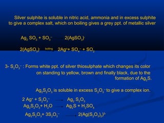 Silver sulphite is soluble in nitric acid, ammonia and in excess sulphite
to give a complex salt, which on boiling gives a grey ppt. of metallic silver
Ag2
SO3
+ SO3
--
2(AgSO3
)-
2(AgSO3
)- boiling
2Ago
+ SO4
--
+ SO2
3- S2
O3
--
: Forms white ppt. of silver thiosulphate which changes its color
on standing to yellow, brown and finally black, due to the
formation of Ag2
S.
Ag2
S2
O3
is soluble in excess S2
O3
--
to give a complex ion.
2 Ag+
+ S2
O3
--
Ag2
S2
O3
Ag2
S2
O3
+ H2
O Ag2
S + H2
SO4
Ag2
S2
O3
+ 3S2
O3
--
2(Ag(S2
O3
)2
)3-
 