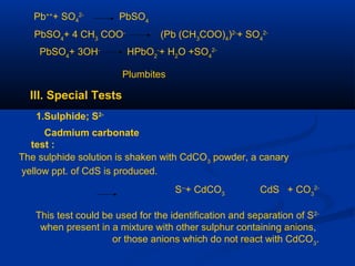 Pb++
+ SO4
2-
PbSO4
PbSO4
+ 4 CH3
COO-
(Pb (CH3
COO)4
)2-
+ SO4
2-
PbSO4
+ 3OH-
HPbO2
-
+ H2
O +SO4
2-
Plumbites
III. Special Tests
1.Sulphide; S2-
Cadmium carbonate
test :
The sulphide solution is shaken with CdCO3
powder, a canary
yellow ppt. of CdS is produced.
S--
+ CdCO3
CdS + CO3
2-
This test could be used for the identification and separation of S2-
when present in a mixture with other sulphur containing anions,
or those anions which do not react with CdCO3
.
 