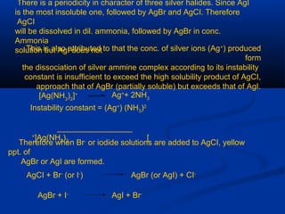 There is a periodicity in character of three silver halides. Since AgI
is the most insoluble one, followed by AgBr and AgCI. Therefore
AgCI
will be dissolved in dil. ammonia, followed by AgBr in conc.
Ammonia
solution but AgI does notThis is also attributed to that the conc. of silver ions (Ag+
) produced
form
the dissociation of silver ammine complex according to its instability
constant is insufficient to exceed the high solubility product of AgCI,
approach that of AgBr (partially soluble) but exceeds that of AgI.
[Ag(NH3
)2
[+ Ag+
+ 2NH3
Instability constant = (Ag+
) (NH3)2
_________________
[Ag(NH3)2[+
Therefore when Br-
or iodide solutions are added to AgCI, yellow
ppt. of
AgBr or AgI are formed.
AgCI + Br-
(or I-
) AgBr (or AgI) + CI-
AgBr + I-
AgI + Br-
 