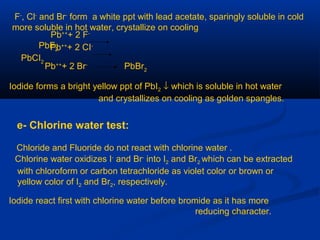 F-
, Cl-
and Br-
form a white ppt with lead acetate, sparingly soluble in cold
more soluble in hot water, crystallize on cooling
Pb++
+ 2 F-
PbF2Pb++
+ 2 CI-
PbCI2
Pb++
+ 2 Br-
PbBr2
Iodide forms a bright yellow ppt of PbI2 ↓ which is soluble in hot water
and crystallizes on cooling as golden spangles.
e- Chlorine water test:
Iodide react first with chlorine water before bromide as it has more
reducing character.
Chlorine water oxidizes I-
and Br-
into I2 and Br2 which can be extracted
with chloroform or carbon tetrachloride as violet color or brown or
yellow color of I2 and Br2, respectively.
Chloride and Fluoride do not react with chlorine water .
 