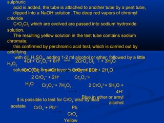 sulphuric
acid is added, the tube is attached to another tube by a pent tube,
dipped into a NaOH solution. The deep red vapors of chromyl
chloride
CrO2CI2 which are evolved are passed into sodium hydroxide
solution.
The resulting yellow solution in the test tube contains sodium
chromate;
this confirmed by perchromic acid test, which is carried out by
acidifying
with dil. H2SO4, adding 1-2 ml alcohol or ether, followed by a little
H2O2
solution. The organic layer is colored blue.
4CI-
+ Cr2
O7
--
+ 6H+ cond.
2CrO2
Cl2 ↑ + 3H2
O
CrO2
CI2
↑ + 4OH-
CrO4
--
+ 2CI-
+ 2H2
O
2 CrO4
--
+ 2H+
Cr2
O7
--
+
H2
O Cr2
O7
--
+ 7H2
O2
2 CrO8
3-
+ 5H2
O +
4H+
Blue in ether or amyl
alcohol
It is possible to test for CrO4
--
also by lead
acetate CrO4
--
+ Pb++
Pb
CrO4
Yellow
 