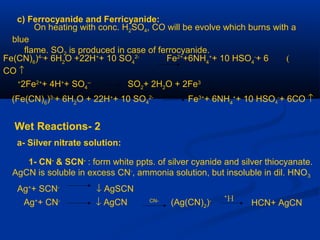 On heating with conc. H2SO4, CO will be evolve which burns with a
blue
flame. SO2 is produced in case of ferrocyanide.
c) Ferrocyanide and Ferricyanide:
2Fe2+
+ 4H+
+ SO4
--
SO2+ 2H2O + 2Fe3+
)Fe(CN)6
)4-
+ 6H2
O +22H+
+ 10 SO4
2-
Fe2+
+6NH4
+
+ 10 HSO4
-
+ 6
CO ↑
(Fe(CN)6
)3-
+ 6H2
O + 22H+
+ 10 SO4
2-
Fe3+
+ 6NH4
+
+ 10 HSO4
-
+ 6CO ↑
2-Wet Reactions
a- Silver nitrate solution:
1- CN-
& SCN-
: form white ppts. of silver cyanide and silver thiocyanate.
AgCN is soluble in excess CN-
, ammonia solution, but insoluble in dil. HNO3
Ag+
+ SCN-
↓ AgSCN
Ag+
+ CN-
↓ AgCN CN-
(Ag(CN)2
)- H+
HCN+ AgCN
 