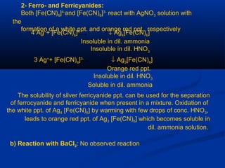 2- Ferro- and Ferricyanides:
Both [Fe(CN)6]4-
and [Fe(CN)6]3-
react with AgNO3 solution with
the
formation of a white ppt. and orange red ppt., respectively
4 Ag+
+ [Fe(CN)6
]4-
↓ Ag4
[Fe(CN)6
]
Insoluble in dil. ammonia
Insoluble in dil. HNO3
3 Ag+
+ [Fe(CN)6
]3-
↓ Ag3
[Fe(CN)6
]
Orange red ppt.
Insoluble in dil. HNO3
Soluble in dil. ammonia
The solubility of silver ferricyanide ppt. can be used for the separation
of ferrocyanide and ferricyanide when present in a mixture. Oxidation of
the white ppt. of Ag4 [Fe(CN)6] by warming with few drops of conc. HNO3,
leads to orange red ppt. of Ag3 [Fe(CN)6] which becomes soluble in
dil. ammonia solution.
b) Reaction with BaCI2: No observed reaction
 