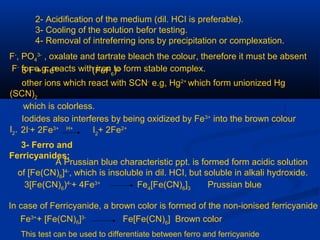 2- Acidification of the medium (dil. HCI is preferable).
3- Cooling of the solution befor testing.
4- Removal of intreferring ions by precipitation or complexation.
F-
, PO4
3-
, oxalate and tartrate bleach the colour, therefore it must be absent
F-
for e.g, reacts with iron to form stable complex.6 F-
+ Fe3+
(FeF6
)3-
other ions which react with SCN-
e.g, Hg2+
which form unionized Hg
(SCN)2
which is colorless.
Iodides also interferes by being oxidized by Fe3+
into the brown colour
I2
. 2I-
+ 2Fe3+ H+
I2
+ 2Fe2+
3- Ferro and
Ferricyanides:
A Prussian blue characteristic ppt. is formed form acidic solution
of [Fe(CN)6
]4-
, which is insoluble in dil. HCI, but soluble in alkali hydroxide.
3[Fe(CN)6
)4-
+ 4Fe3+
Fe4
[Fe(CN)6
]3
Prussian blue
In case of Ferricyanide, a brown color is formed of the non-ionised ferricyanide
Fe3+
+ [Fe(CN)6]3-
Fe[Fe(CN)6
] Brown color
This test can be used to differentiate between ferro and ferricyanide
 