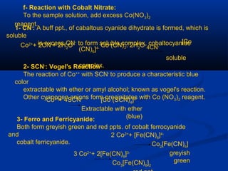 f- Reaction with Cobalt Nitrate:
To the sample solution, add excess Co(NO3)2
reagent.
1- CN-
: A buff ppt., of cabaltous cyanide dihydrate is formed, which is
soluble
in excess CN-
to form soluble complex, cobaltocyanideCo2+
+ 2CN-
+ 2H2
O Co (CN)2. 2H2
O
[Co
(CN)6]4-
soluble
complex.
4CN-
2- SCN-
: Vogel's Reaction
The reaction of Co++
with SCN-
to produce a characteristic blue
color
extractable with ether or amyl alcohol; known as vogel's reaction.
Other cyanogen anions form precipitates with Co (NO3)2 reagent.Co2+
+ 4SCN-
[Co (SCN)4
]2-
Extractable with ether
(blue)3- Ferro and Ferricyanide:
Both form greyish green and red ppts. of cobalt ferrocyanide
and
cobalt ferricyanide.
2 Co2+
+ [Fe(CN)6
]4-
Co2
[Fe(CN)6
]
greyish
green
3 Co2+
+ 2[Fe(CN)6
]3-
Co3
[Fe(CN)6
]2
 