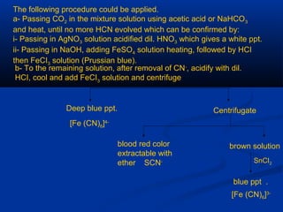 The following procedure could be applied.
a- Passing CO2 in the mixture solution using acetic acid or NaHCO3
and heat, until no more HCN evolved which can be confirmed by:
i- Passing in AgNO3 solution acidified dil. HNO3 which gives a white ppt.
ii- Passing in NaOH, adding FeSO4 solution heating, followed by HCI
then FeCI3 solution (Prussian blue).
b- To the remaining solution, after removal of CN-
, acidify with dil.
HCI, cool and add FeCI3
solution and centrifuge
Deep blue ppt.
[Fe (CN)6]4-
Centrifugate
blood red color
extractable with
ether SCN-
brown solution
SnCI2
blue ppt .
[Fe (CN)6]3-
 