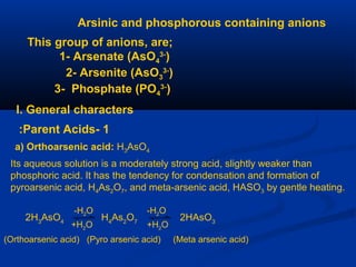Arsinic and phosphorous containing anions
This group of anions, are;
1- Arsenate (AsO4
3-
)
2- Arsenite (AsO3
3-
)
3- Phosphate (PO4
3-
)
I. General characters
1-Parent Acids:
a) Orthoarsenic acid: H3AsO4
Its aqueous solution is a moderately strong acid, slightly weaker than
phosphoric acid. It has the tendency for condensation and formation of
pyroarsenic acid, H4As2O7, and meta-arsenic acid, HASO3 by gentle heating.
2H3
AsO4
H4
As2
O7
2HAsO3
+H2O +H2O
-H2O-H2O
(Orthoarsenic acid) (Pyro arsenic acid) (Meta arsenic acid)
 