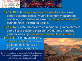 Feliz Año NuevoFeliz Año Nuevo
Ex 12:13Ex 12:13 Y laY la sangre os será por señalsangre os será por señal en las casasen las casas
donde vosotros estéis; y veré la sangre y pasaré dedonde vosotros estéis; y veré la sangre y pasaré de
vosotros, y no habrá en vosotrosvosotros, y no habrá en vosotros plaga de mortandadplaga de mortandad
cuando hiera la tierra de Egipto.cuando hiera la tierra de Egipto.
Ex 12:14Ex 12:14 Y este día os será en memoria, y lo celebraréisY este día os será en memoria, y lo celebraréis
como fiesta solemne para Jehová durante vuestrascomo fiesta solemne para Jehová durante vuestras
generaciones;generaciones; por estatuto perpetuo lo celebraréispor estatuto perpetuo lo celebraréis..
Ex 12:51Ex 12:51 Y en aquel mismoY en aquel mismo
día sacó Jehovádía sacó Jehová a los hijosa los hijos
de Israel de la tierra dede Israel de la tierra de
Egipto por sus ejércitos.Egipto por sus ejércitos.
La importancia de la sangre del Cordero, la sangre
del Mesías, como señal, y limpieza, luego de lo
cual el Señor saca de la esclavitud.
 