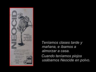 Teníamos clases tarde y ma ñana ,   e íbamos a almorzar a casa. Cuando ten í amos piojos us áb amos Neocide en polvo. 