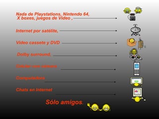Nada de Playstations, Nintendo 64, X boxes, juegos de Vídeo ,  Internet por satélite,  Video cassete y DVD Dolby surround,  Celular con c á mara  Computadora  Chats en Internet  Sólo amigos .   