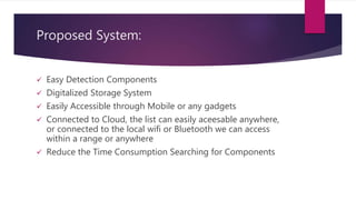 Proposed System:
 Easy Detection Components
 Digitalized Storage System
 Easily Accessible through Mobile or any gadgets
 Connected to Cloud, the list can easily aceesable anywhere,
or connected to the local wifi or Bluetooth we can access
within a range or anywhere
 Reduce the Time Consumption Searching for Components
 
