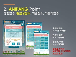 2. ANIPANG Point
경험점수, 환금성점수, 기술점수, 카르마점수



                     유동적 점수
                     ->적립과 사용

                     현금화 불가능
                     -> 가상경제

                     토파즈, 하트
                     -> 이중경제

                     혼돈을 주어서
                     실제경제, 가상경제의
                     시너지 효과
 