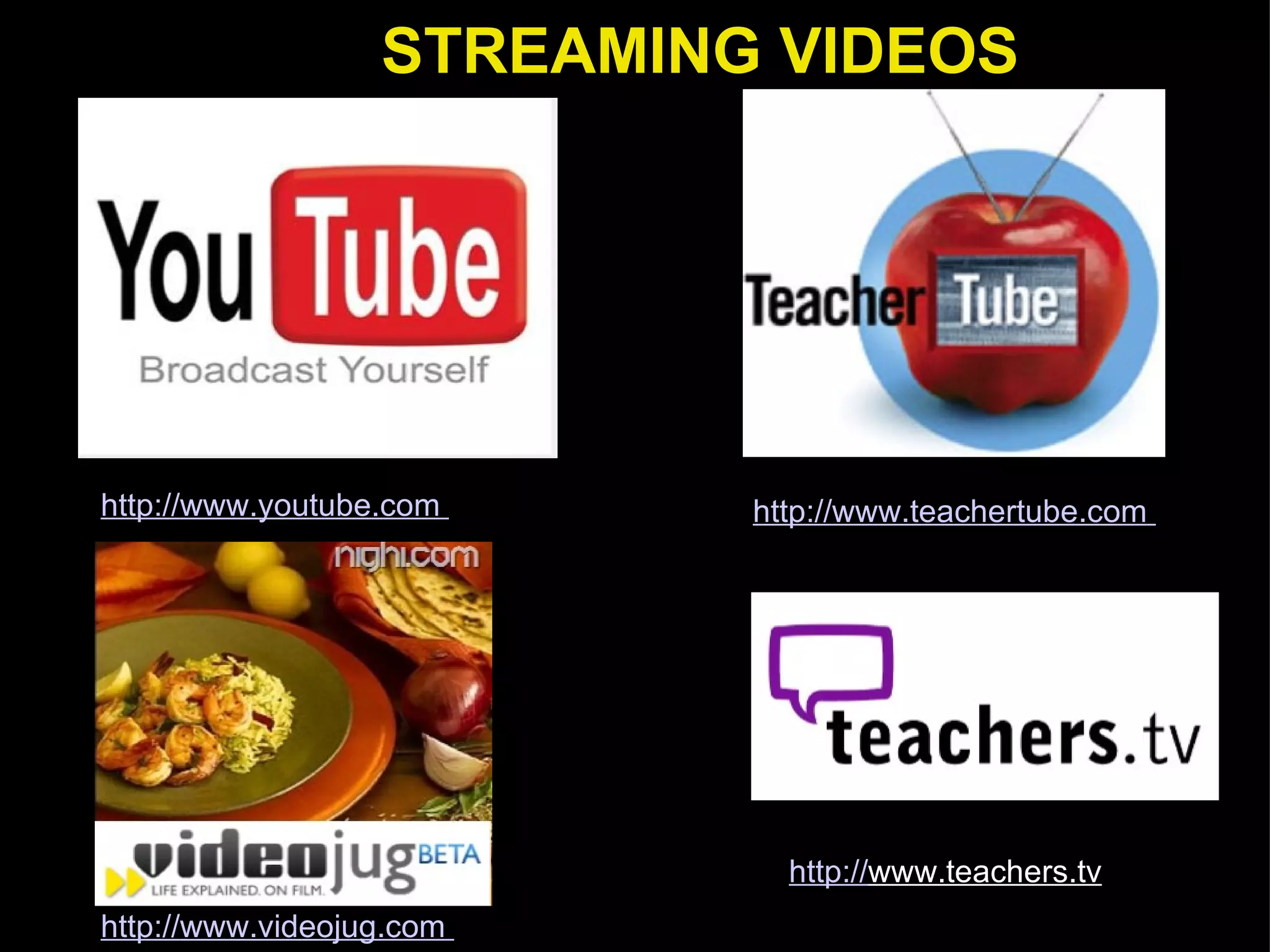 STREAMING VIDEOS http:// www.youtube.com   http:// www.teachertube.com   http:// www.videojug.com   http:// www.teachers.tv   