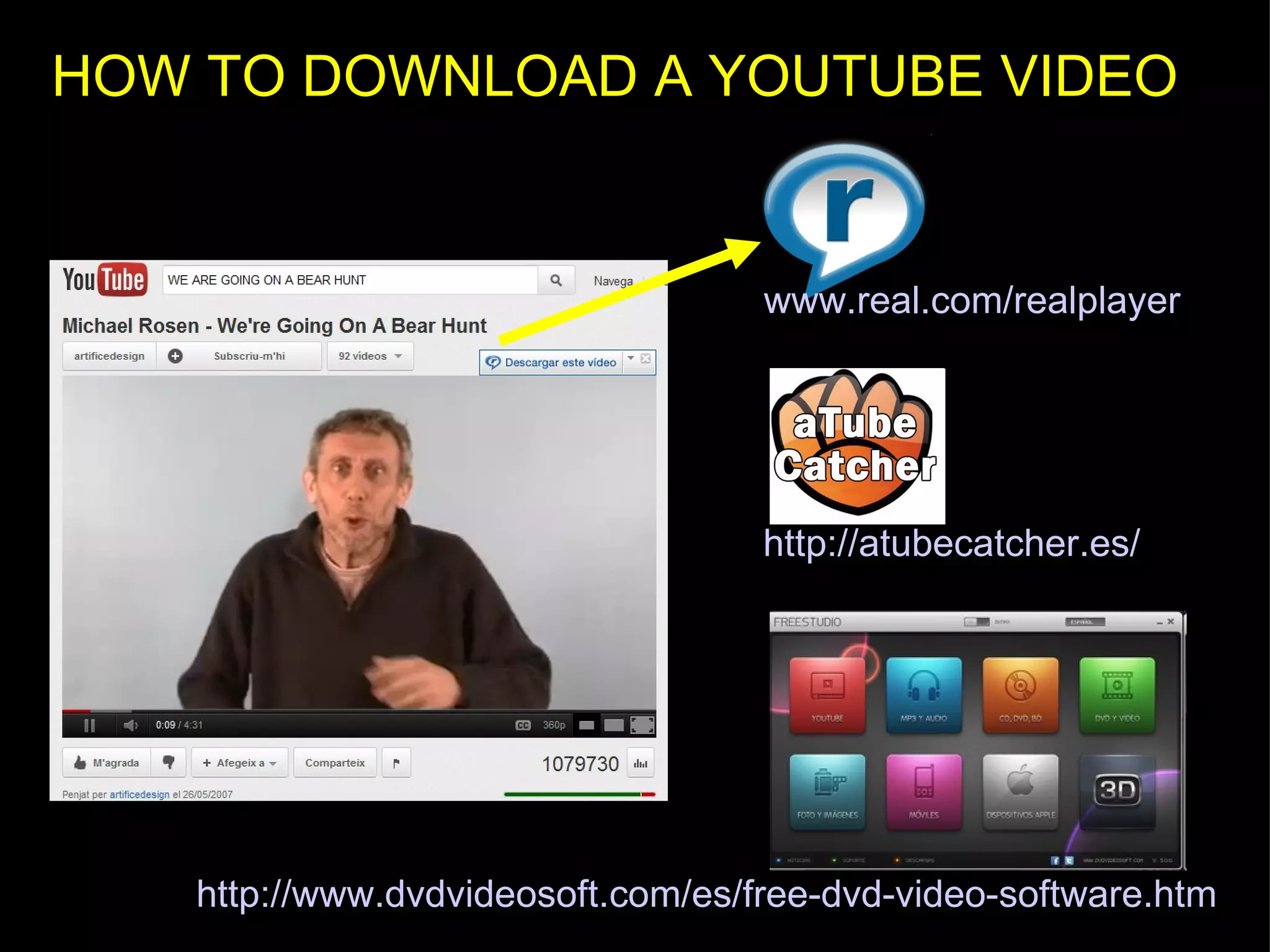 HOW TO DOWNLOAD A YOUTUBE VIDEO www.real.com/realplayer   http://atubecatcher.es/ http://www.dvdvideosoft.com/es/free-dvd-video-software.htm 