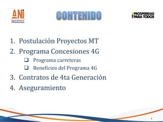 1
1. Postulación Proyectos MT
2. Programa Concesiones 4G
 Programa carreteras
 Beneficios del Programa 4G
3. Contratos de 4ta Generación
4. Aseguramiento
 