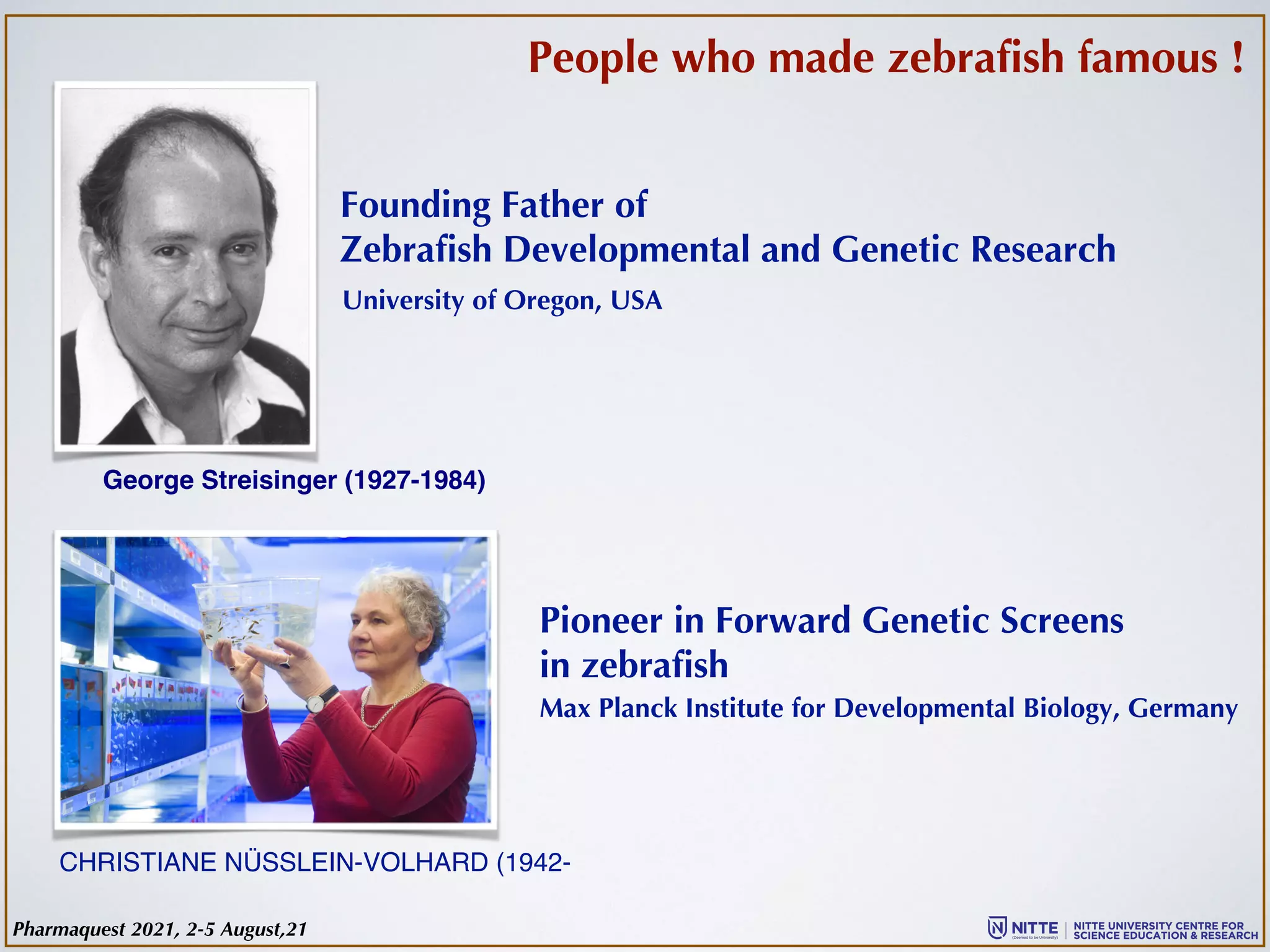 Founding Father of
Zebrafish Developmental and Genetic Research
George Streisinger (1927-1984)
University of Oregon, USA
CHRISTIANE NÜSSLEIN-VOLHARD (1942-
Pioneer in Forward Genetic Screens
in zebrafish
Max Planck Institute for Developmental Biology, Germany
People who made zebrafish famous !
Pharmaquest 2021, 2-5 August,21
 