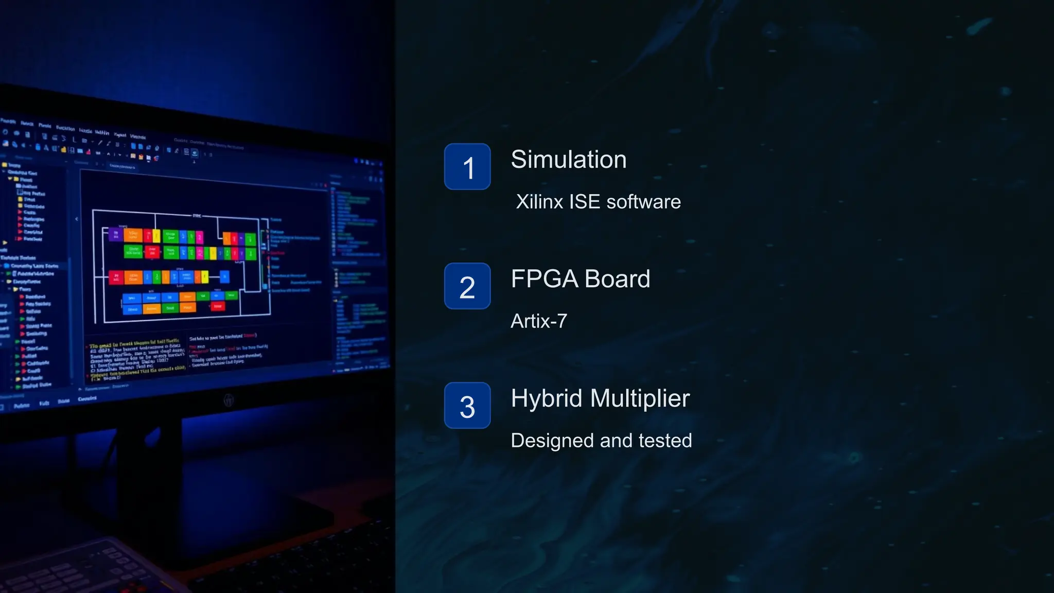 1 Simulation
Xilinx ISE software
2 FPGA Board
Artix-7
3 Hybrid Multiplier
Designed and tested
 