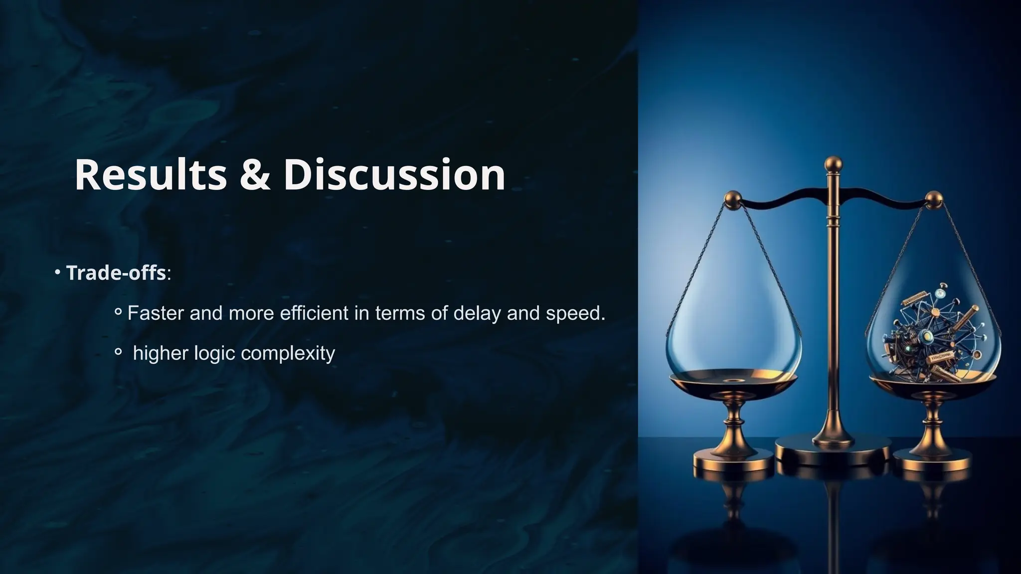 Results & Discussion
• Trade-offs:
⚬Faster and more efficient in terms of delay and speed.
⚬ higher logic complexity
 