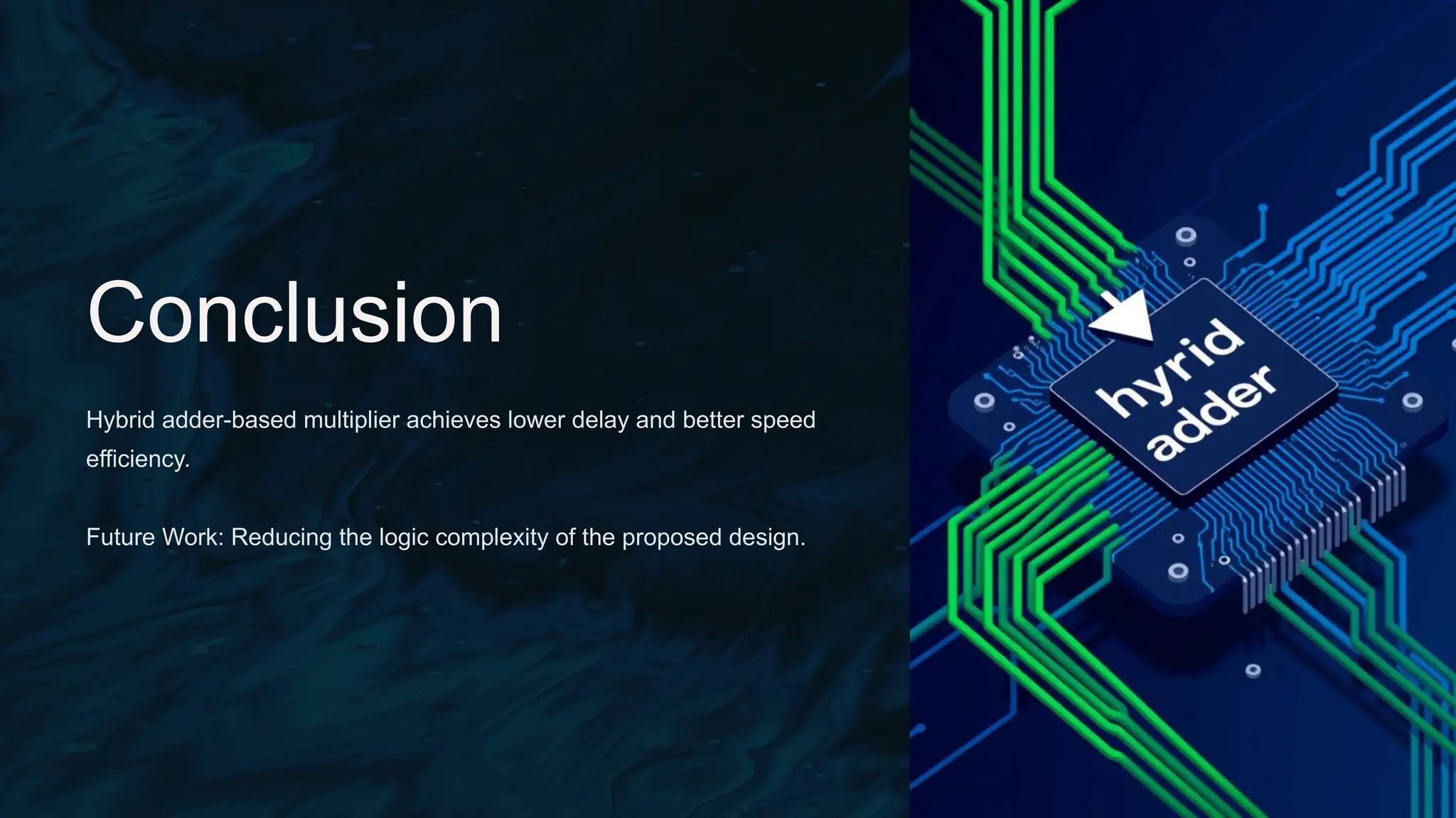 Conclusion
Hybrid adder-based multiplier achieves lower delay and better speed
efficiency.
Future Work: Reducing the logic complexity of the proposed design.
 