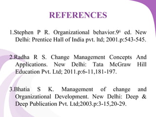 REFERENCES
1.Stephen P R. Organizational behavior.9th
ed. New
Delhi: Prentice Hall of India pvt. ltd; 2001.p:543-545.
2.Radha R S. Change Management Concepts And
Applications. New Delhi: Tata McGraw Hill
Education Pvt. Ltd; 2011.p:6-11,181-197.
3.Bhatia S K. Management of change and
Organizational Development. New Delhi: Deep &
Deep Publication Pvt. Ltd;2003.p:3-15,20-29.
 
