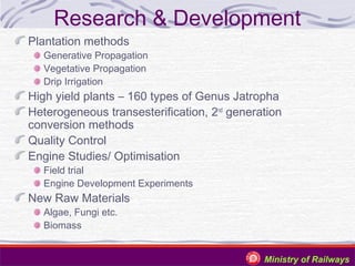 Research & Development
Plantation methods

Generative Propagation
Vegetative Propagation
Drip Irrigation

High yield plants – 160 types of Genus Jatropha
Heterogeneous transesterification, 2nd generation
conversion methods
Quality Control
Engine Studies/ Optimisation
Field trial
Engine Development Experiments

New Raw Materials
Algae, Fungi etc.
Biomass

Ministry of Railways

 