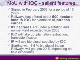 MoU with IOC - salient features
Signed in February 2003 for a period of 15
years
Railways has offered about 500 hectare
land to IOC for plantation of jatropha
curcas
81 hectares are under plantation and
normal yield expected from 2008
IOC will take up plantation, extraction,
transesterification
IR will use bio diesel supplied by IOC
Starting with 1-5 % bio diesel Indian
Railways will go upto 20 % depending on
field experience
Ministry of Railways

 