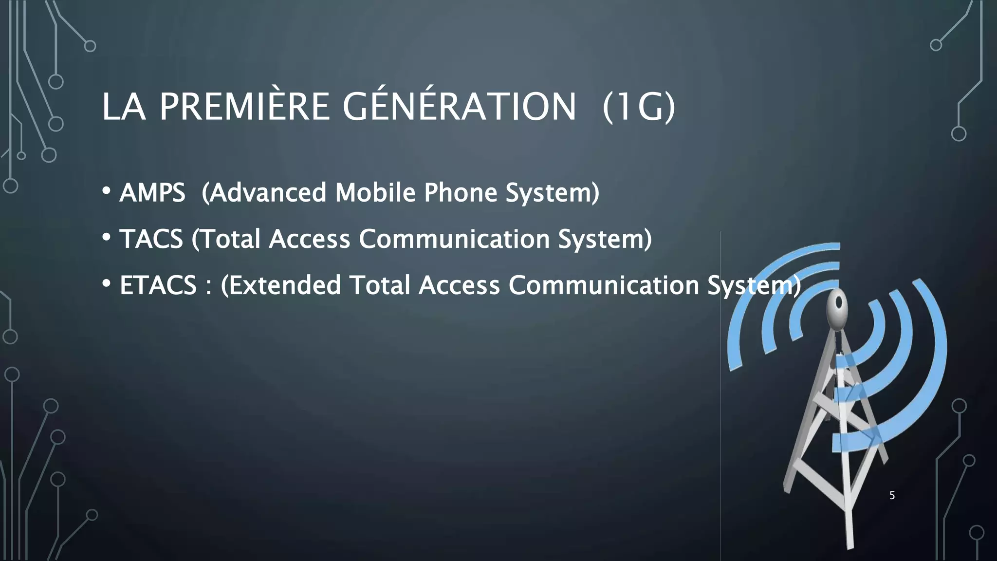 LA PREMIÈRE GÉNÉRATION (1G)
• AMPS (Advanced Mobile Phone System)
• TACS (Total Access Communication System)
• ETACS : (Extended Total Access Communication System)
5
 